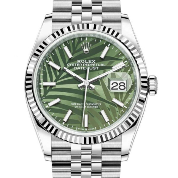 ROLEX DATEJUST 36 GREEN PALM DIAL STAINLESS JUBILEE
