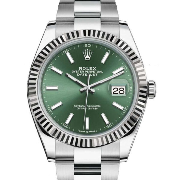 ROLEX DATEJUST 41 STAINLESS STEEL OYSTER SMOOTH BEZEL MINT GREEN STICK DIAL 126300 - Image 7