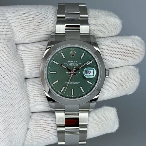ROLEX DATEJUST 41 STAINLESS STEEL OYSTER SMOOTH BEZEL MINT GREEN STICK DIAL 126300 - Image 5